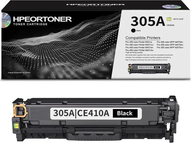 Main image of 1-Pack 305A / CE410A Black Toner Cartridge, High Yield 1,500 Pages, Replacement for HP 305A / CE410A Color Pro 300 M351a MFP M375nw Pro 400 Color M451nw M451dn M451dw MFP M475dn Printer