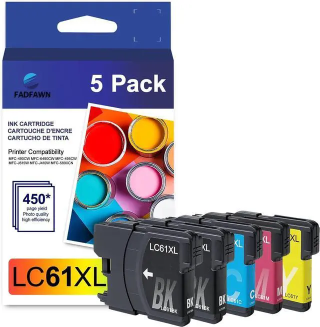 Main image of LC61 High Yield Ink Cartridges (Black/Color, Pack of 5) Compatible for Brother LC61XL LC65 LC61BK LC61C LC61M LC61Y Ink Cartridge use with MFC-490CW MFC-495CW MFC-6490CW MFC-6890CDW Printer