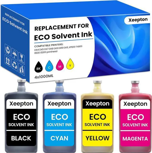Main image of Eco Solvent Ink 1000ML for Wide Format Grand Format Printers worh with DX4 DX5 DX7 DX9 DX10 DX11 XP600 TX800 Printhead, Mimaki Roland Mutoh, 4-Pack Solvent Ink Cleaner Kit