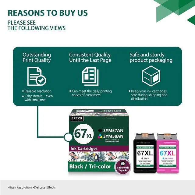 Alt view image 6 of 7 - 67XL Black and Color Ink Cartridge (2-Pack) | Replacement for HP 67XL Ink Cartridge Black Color Combo Pack Compatible with DeskJet 1255 2722 2724 2725 Plus 4122 Envy 6055 Pro 6455 Series Printer