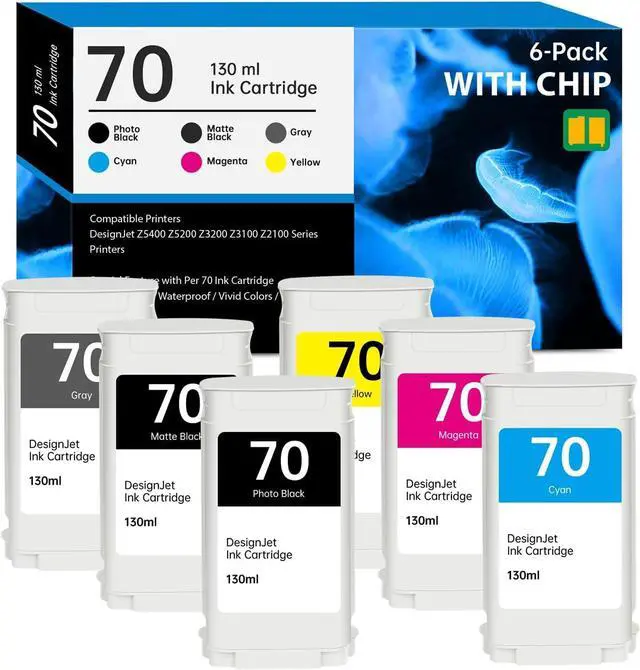 Main image of 70 Ink Cartridges 130-ml with New Chip Replacement for HP 70 Ink Cartridges C9448A C9449A C9450A C9452A C9453A C9454A for DesignJet Z5400 Z5200 Z3200 Z3100 Z2100 Large Format Printers, 6 Pack