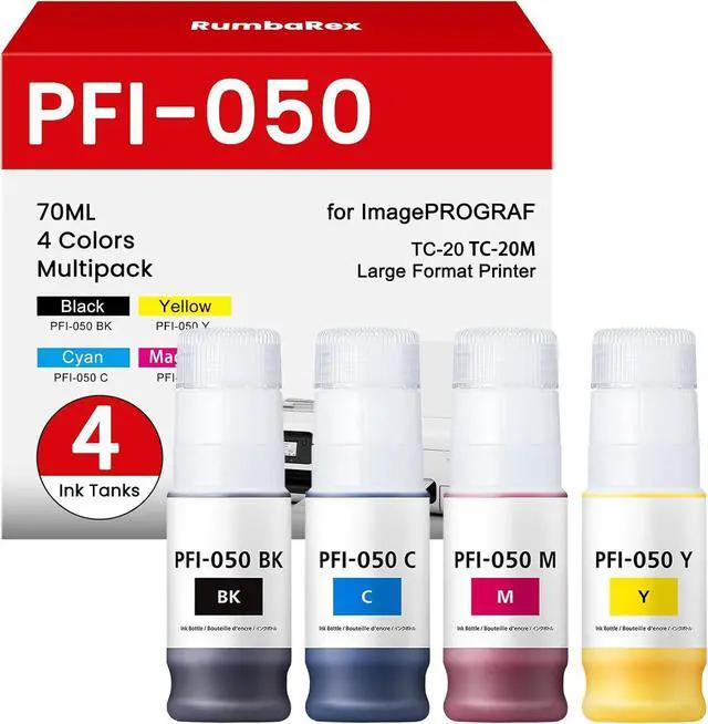 Main image of PFI-050 Pigment Ink Cartridge 70ML PFI-050 BK C M Y Replacement for Canon PFI-050 PFI050 PFI 050 Ink Bottle for ImagePrograf TC-20 TC-20M Large Format Printer Ink 4-Pack (Black, Cyan, Magenta, Yellow)