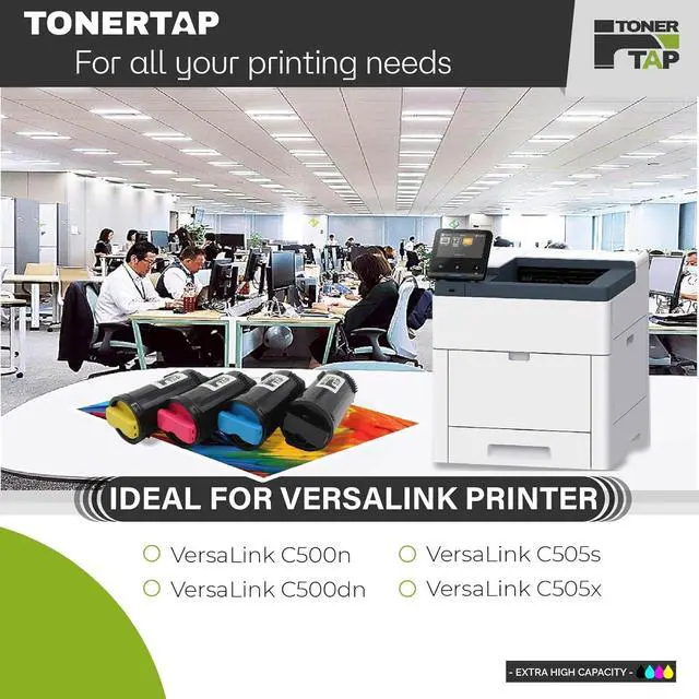 Alt view image 2 of 7 - Toner Tap Compatible Toner Cartridges 4-Pack for Xerox VersaLink C500 Toner, C505 Toner, Extra High-Yield Replacement for Toner 106R03869 106R03866 106R03867 106R03868 (Black Cyan Magenta Yellow)