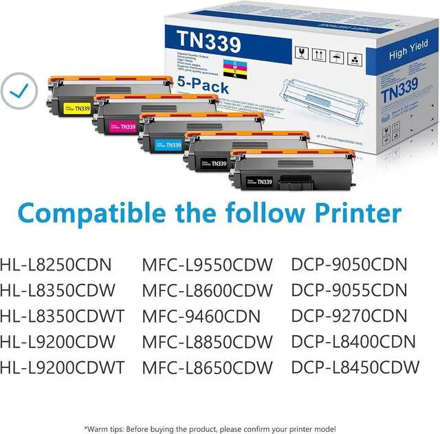 Alt view image 2 of 6 - TN339 Toner Cartridge 5 Pack - Compatible for Brother TN-339 TN339BK TN339C TN339M TN339Y Super High Yield with HL-L9200 MFC-L9550 Printers (339 Toner 2BK 1C 1M 1Y)