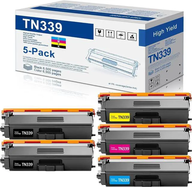 Main image of TN339 Toner Cartridge 5 Pack - Compatible for Brother TN-339 TN339BK TN339C TN339M TN339Y Super High Yield with HL-L9200 MFC-L9550 Printers (339 Toner 2BK 1C 1M 1Y)
