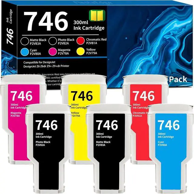 Main image of 746 Ink cartridges 300ml 6-Pack P2V83A P2V82A P2V81A P2V80A P2V78A P2V79A Compatible for HP DesignJet 746 for Z6 & Z9+ Large Format Printer (Photo Black/Matte Black/Chromatic Red/Cyan/Magenta/Yellow)