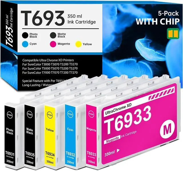 Main image of T693 Ultra Chrome XD Ink Cartridge 350ml (with New Chip) T6931 T6932 T6933 T6934 T6935 Remanufactured for T693 SureColor T5270 T3000 T3070 T3200 T3270 T5000 T5070 T5200 Printer, 5 Pack T693 Ink Kit