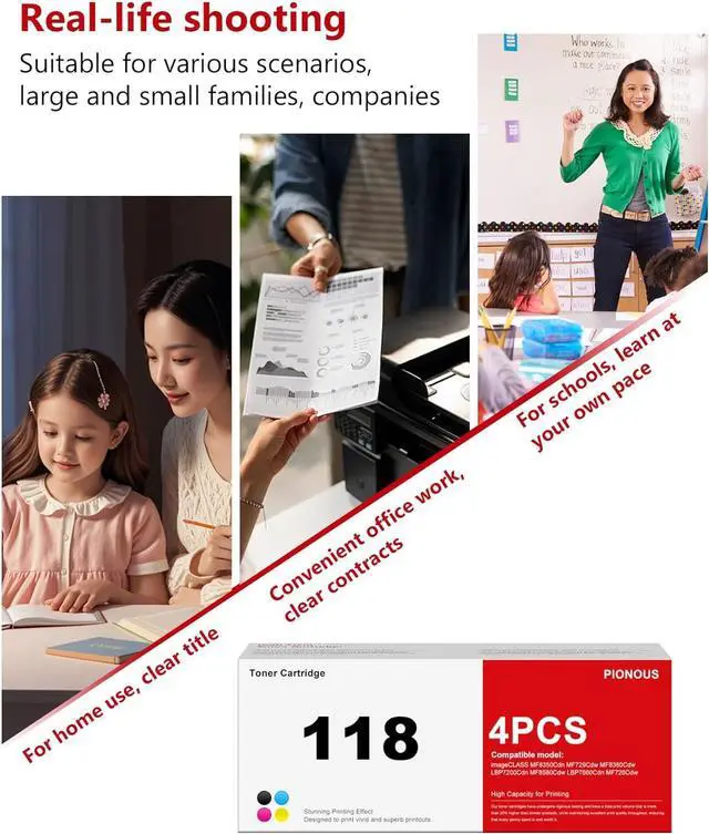 Alt view image 6 of 6 - 118 Toner Cartridge Set (1Black, 1Cyan, 1Magenta, 1Yellow) Replacement for Canon CRG118 Cartridge, Compatible with Color imageCLASS MF8580Cdw MF8380Cdw MF8350Cdn MF726Cdw LBP7660Cdn Printer