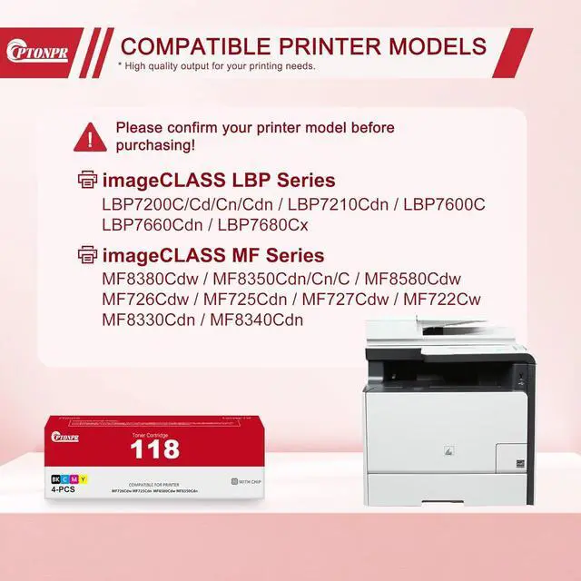Alt view image 2 of 7 - 118 Toner Cartridge Replacement for Canon 118 Toner Cartridge CRG118 Color imageCLASS MF8580Cdw MF8380Cdw MF8350Cdn MF726Cdw Color imageCLASS LBP7600C Printer, 4 Pack Black/Cyan/Magenta/Yellow