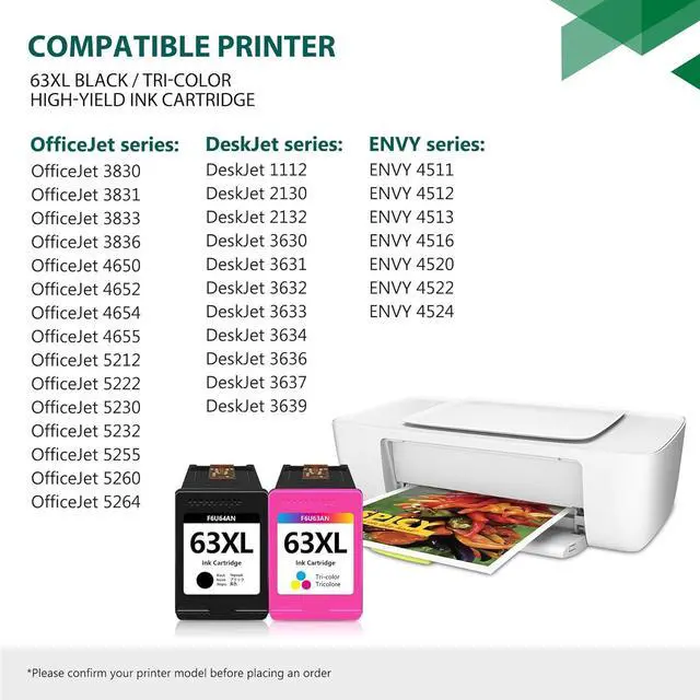 Alt view image 2 of 7 - 63XL Ink Cartridge Black and Color Remanufactured Replacement for HP 63XL Ink with DeskJet 1112 2130 3630; Envy 4511 4512 4520 4522; OfficeJet 3830 Series Printers (2-Pack) (1Black+1Tri-Color)
