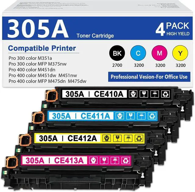 Main image of 305A Toner Cartridge 4-Pack (Black Cyan Magenta Yellow) Replacement for HP 305A CE410A CE411A CE412A CE413A, Works with Pro 300 M351 MFP M375 Pro 400 M451 MFP M475 Printer | CE305AQ1
