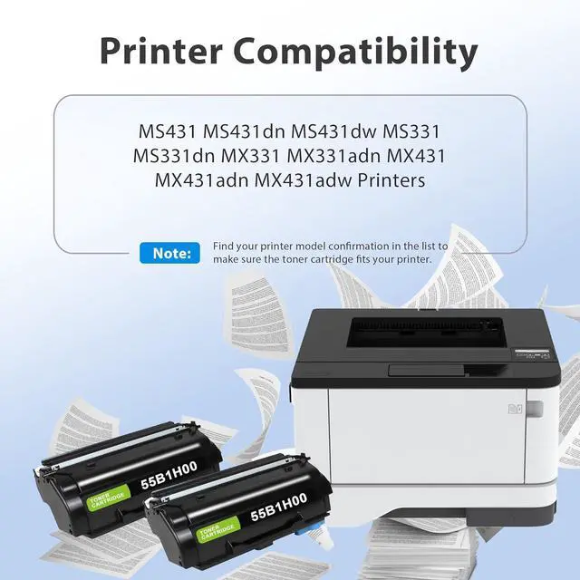 Alt view image 2 of 7 - 55B1H00 High Yield Toner Cartridge (2 Black) Compatible for Lexmark MX331 MX431 MX432 MS331 MS431 Laser Printer Ink, 2 Pack 55B1H00 Black Toner Cartridge