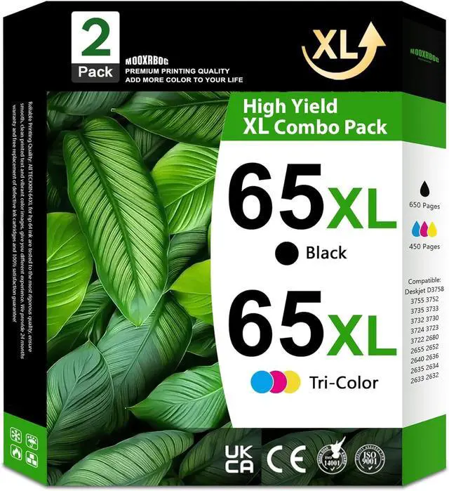Main image of 65XL Ink Cartridges Replacement for HP 65 XL Compatible D3758 3755 3752 2680 2655 2652 Envy 5010 5012 5014 5020 AMP 100 105 120 125 130 Printer 2-Pack (1Black/1Tri-color)