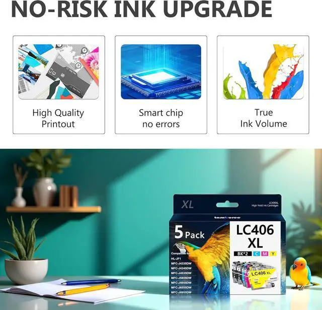Alt view image 4 of 7 - LC406XL Ink Cartridges with High-Yield Replacement for Brother LC406 Work with MFC-J4335DW MFC-J4535DW MFC-J5855DW MFC-J5955DW MFC-J6555DW MFC-J6955DW Printers (2Black Cyan Magenta Yellow, 5 Pack)