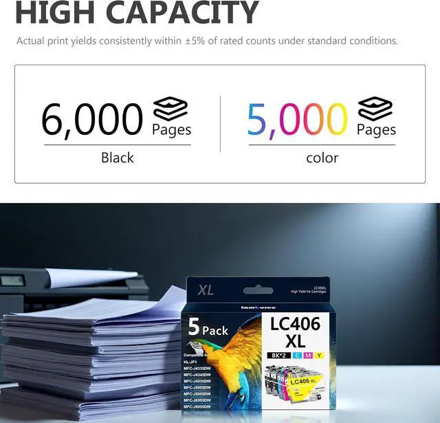 Alt view image 3 of 7 - LC406XL Ink Cartridges with High-Yield Replacement for Brother LC406 Work with MFC-J4335DW MFC-J4535DW MFC-J5855DW MFC-J5955DW MFC-J6555DW MFC-J6955DW Printers (2Black Cyan Magenta Yellow, 5 Pack)
