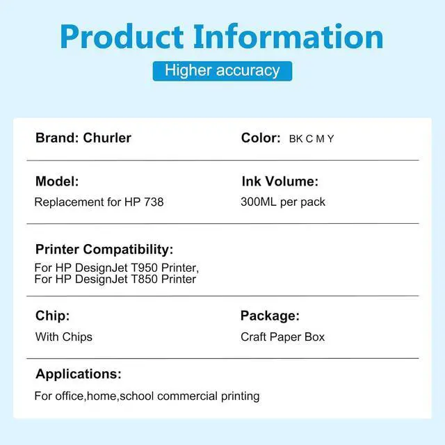 Alt view image 5 of 7 - 738 Ink Cartridge Replacement for DesignJet T850 & T950 Wide Format Printer plotters 300mL(Black,Cyan,Magenta,Yellow)