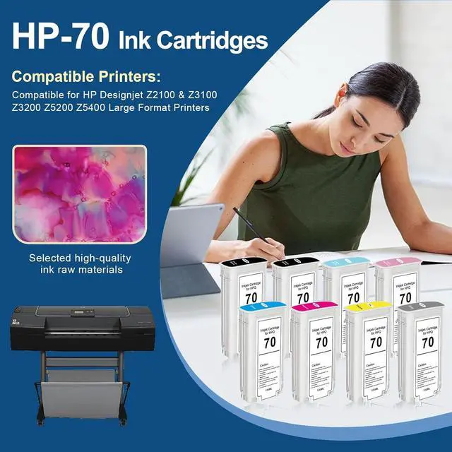 Alt view image 2 of 7 - YOUEXPERT Compatible for HP 70XL Ink Cartridges C9448A C9449A C9451A C9405A C9453A C9454A Replacement for Designjet Z2100 & Z3100 Z3200 Z5200 Z5400 Large Format Printers (8 Pack, 130ML)