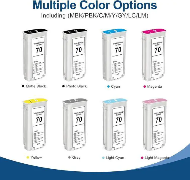 Alt view image 4 of 7 - YOUEXPERT Compatible for HP 70XL Ink Cartridges C9448A C9449A C9451A C9405A C9453A C9454A Replacement for Designjet Z2100 & Z3100 Z3200 Z5200 Z5400 Large Format Printers (8 Pack, 130ML)