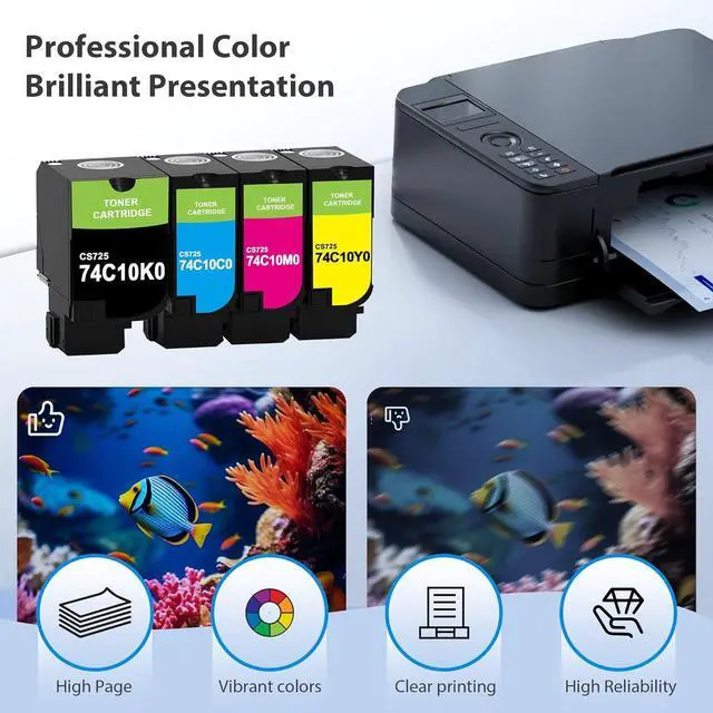 Alt view image 3 of 7 - Compatible CS720 CS725 CX725 Toner Cartridge High Capacity Compatible for Lexmark CS720 CS725 CX725 Series Printer Ink for 74C10K0 74C10C0 74C10M0 74C10Y0 Toner Cartridge (4-Pack)