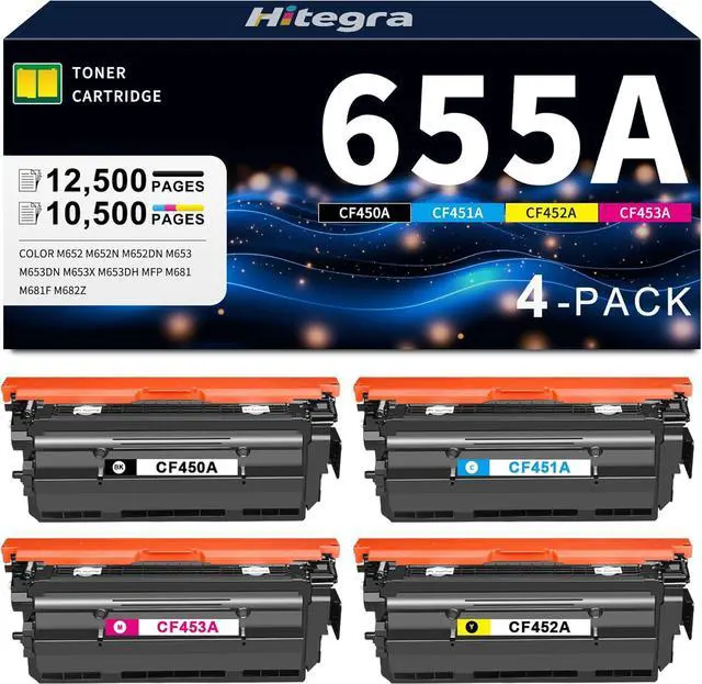 Main image of 655A Toner Cartridge CF450A CF451A CF452A CF453A Replacement for HP 655A Toner Work with Color Enterprise M652 M652n M652dn M653 M653dn M653x M653dh MFP M681 M681f M682z Printer (4-Pack)