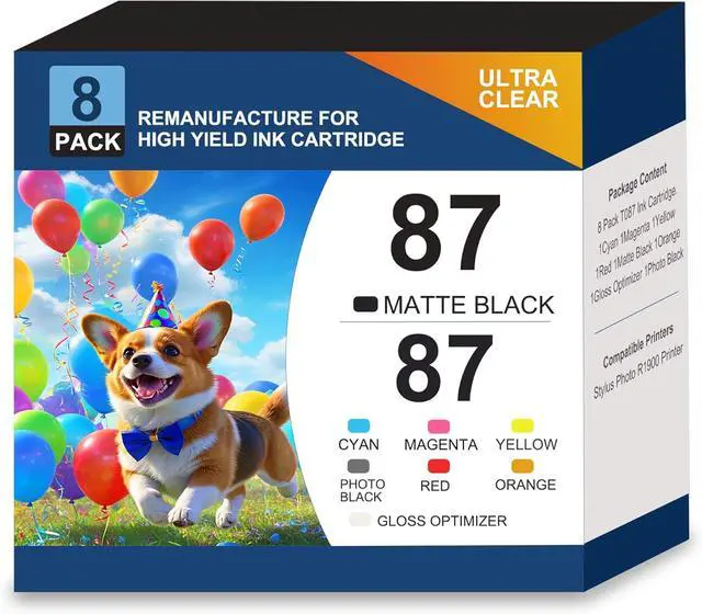 Main image of T087 Remanufactured Ink Cartridge Replacement for 87 Ink Cartridge Stylus Photo R1900 Printer Ink T087020 T087120 T087220 T087320 T087420 T087720 T087820 T087920 (8PK)