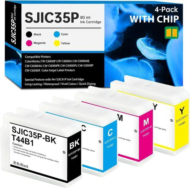 Main image of SJIC35P Ink Cartridges (with New Chip) 4 Pack for SJIC35P SJIC35P-BK SJIC35P-C SJIC35P-M SJIC35P-Y Remanufactured for ColorWorks CW-C6000P CW-C6500A CW-C6500P CW-C6000A CW-C6500PU Color InkJet Printer