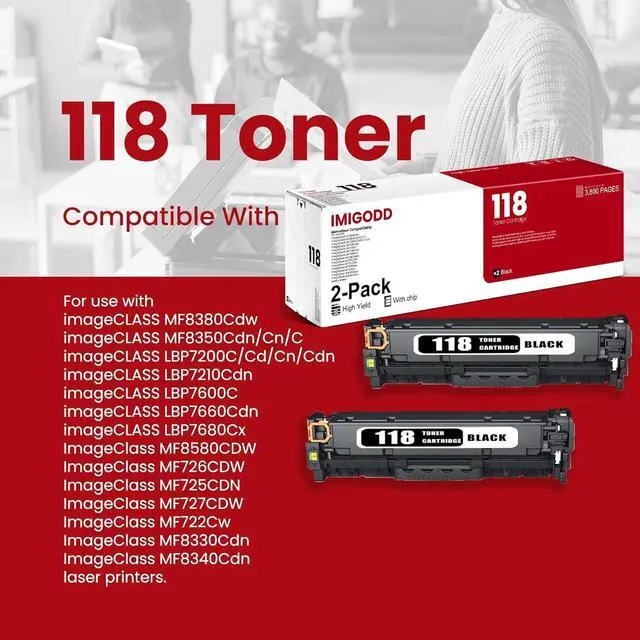 Alt view image 2 of 7 - 2-Pack 118 Black Toner Cartridge Replacement for Canon 3,800 Pages with imageCLASS MF8380Cdw MF8350Cdn/Cn/C LBP7200C/Cd/Cn/Cdn LBP7210Cdn LBP7600C LBP7660Cdn ImageClass MF8580CDW Printerwith chip