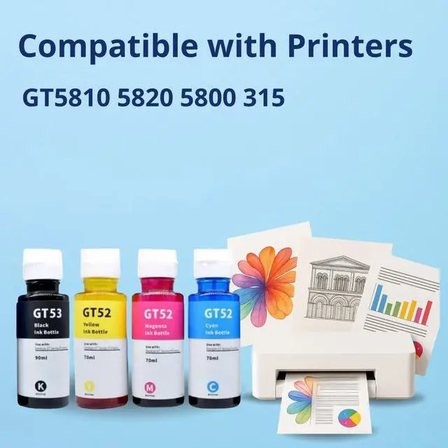 Alt view image 2 of 7 - 4 Pack Ink Bottle GT52 C,M,Y GT53 Enhanced BK (300ml Total) Compatible for HP GT 5810/5820/ 5800/315 All-in One Deskjet Series Models (M0H54AL,M0H55AL M0H56ALL 1VV22AL).