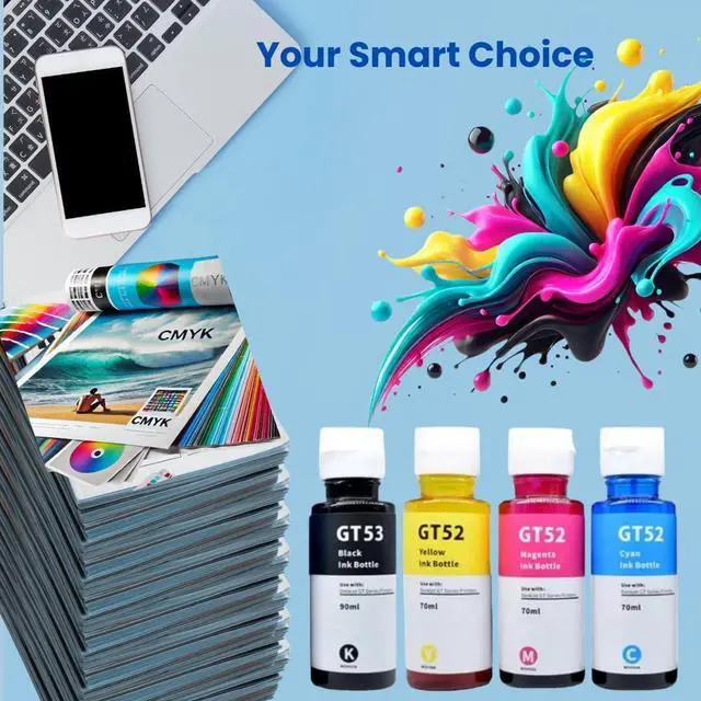 Alt view image 7 of 7 - 4 Pack Ink Bottle GT52 C,M,Y GT53 Enhanced BK (300ml Total) Compatible for HP GT 5810/5820/ 5800/315 All-in One Deskjet Series Models (M0H54AL,M0H55AL M0H56ALL 1VV22AL).