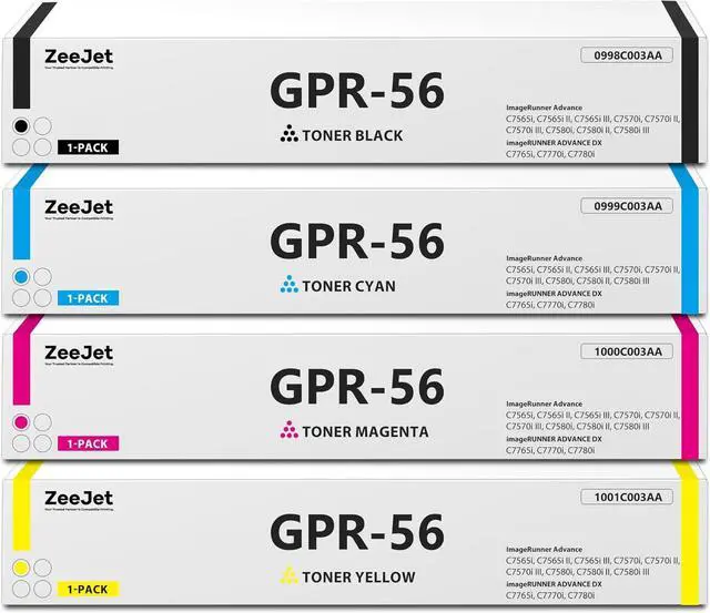 Main image of GPR56 GPR-56 Toner Cartridges Set 4-Pack Black Cyan Magenta Yellow Replacement for Canon GPR-56 Toner Cartridges for ImageRunner Advance C7565 C7570 C7580 C7765 C7770 C7780 Printer Ink