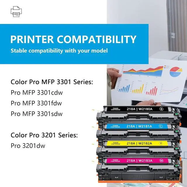 Alt view image 2 of 7 - 218A Toner Cartridges 4 Pack with Chip 3301sdw 3301fdw Replacement for HP 218A Color Laserjet Pro MFP 3301sdw 3301fdw 3201dw 3301cdw 3301 3201 Series Printer W2180A W2181A W2182A W2183A (BK/C/M/Y)