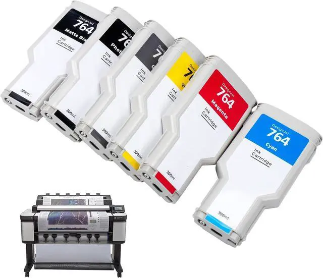 Main image of 6-Pack 764 Ink Cartridge Set for HP 764 Ink for DesignJet T3500 Postscript Printer (Photo Black/Matte Black/Gray/Cyan/Magenta/Yellow) 300ml