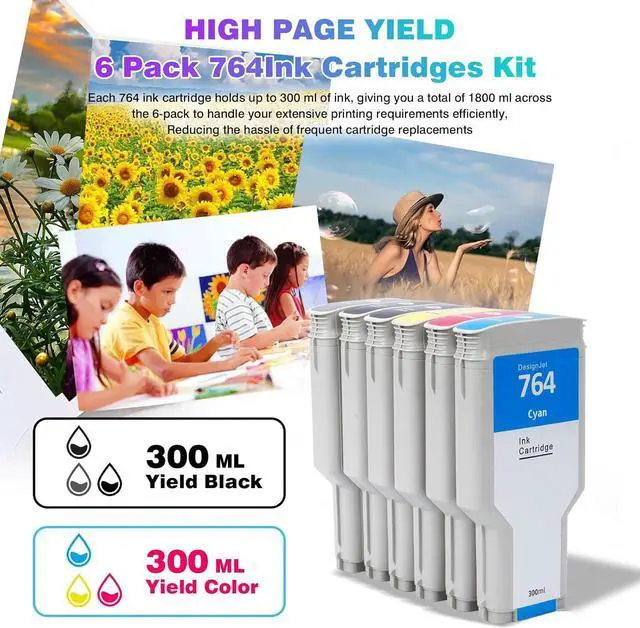 Alt view image 3 of 7 - 6-Pack 764 Ink Cartridge Set for HP 764 Ink for DesignJet T3500 Postscript Printer (Photo Black/Matte Black/Gray/Cyan/Magenta/Yellow) 300ml