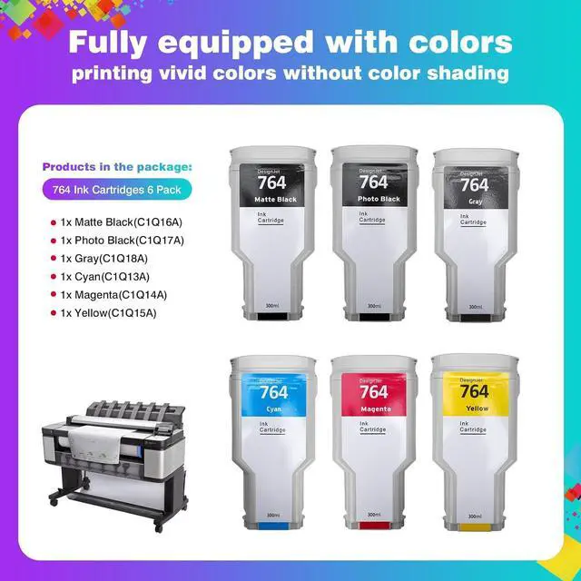 Alt view image 7 of 7 - 6-Pack 764 Ink Cartridge Set for HP 764 Ink for DesignJet T3500 Postscript Printer (Photo Black/Matte Black/Gray/Cyan/Magenta/Yellow) 300ml