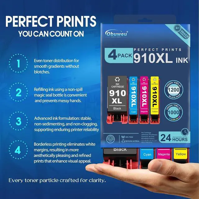 Alt view image 4 of 7 - 910XL High-Yield Ink Cartridges (4-Pack, Black, Cyan, Magenta, Yellow) | Replacement for HP 910XL Ink Cartridges Combo Pack Work with OfficeJet Pro 8025e 8015e 8028e 8035e 8025 8035 8020 Printer