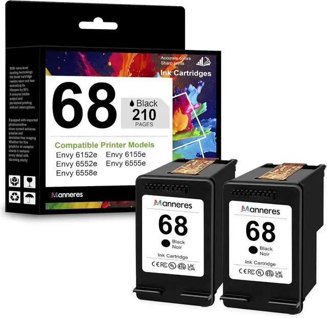 Main image of 68 Black Ink Cartridges 2-Pack - Replacement for HP 68XL 68 Ink for Envy 6555e 6155e 6152e 6552e 6558e Printers High Yield Ink
