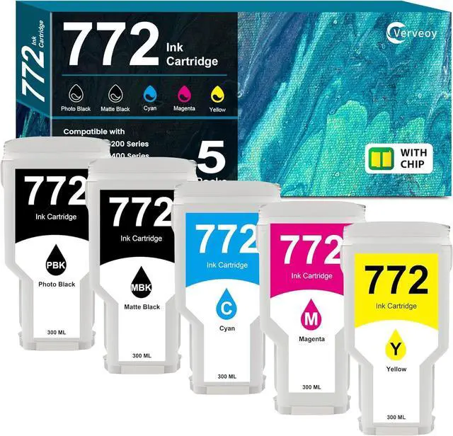 Main image of 772 Ink Cartridge 5-Pack 300ml with Chip Relacement for HP 772 CN635A CN633A CN636A CN629A CN630A Ink Cartridge Replacement for HP DesignJet Z5200 Z5400 Large Format Inkjet Printer (5-Pack, 300-ML)