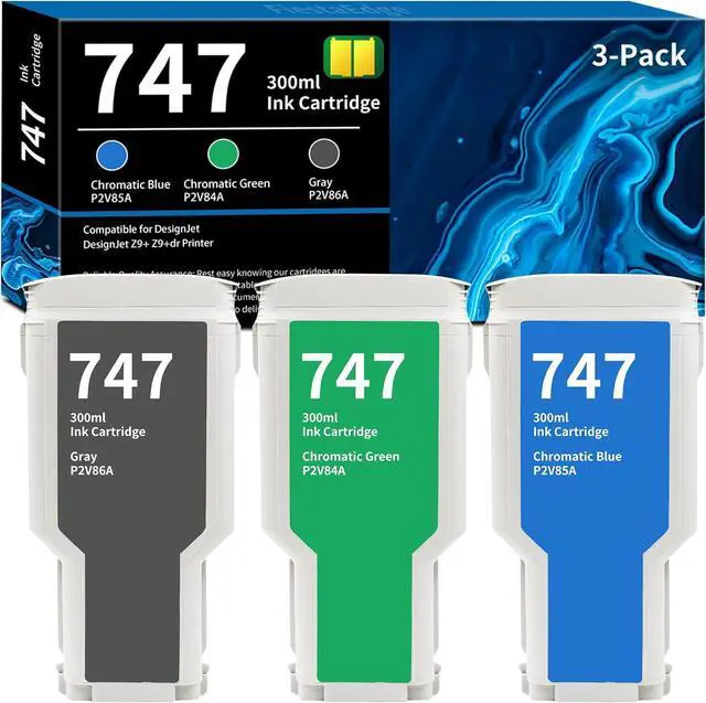 Main image of 747 Ink Cartridges Bundle 300ml (Chromatic Green, Chromatic Blue, Gray) Replacement for HP DesignJet 747 P2V84A P2V85A P2V86A Ink for DesignJet Z9+ Large Format Printers, 3-Pack 747 Cartridges