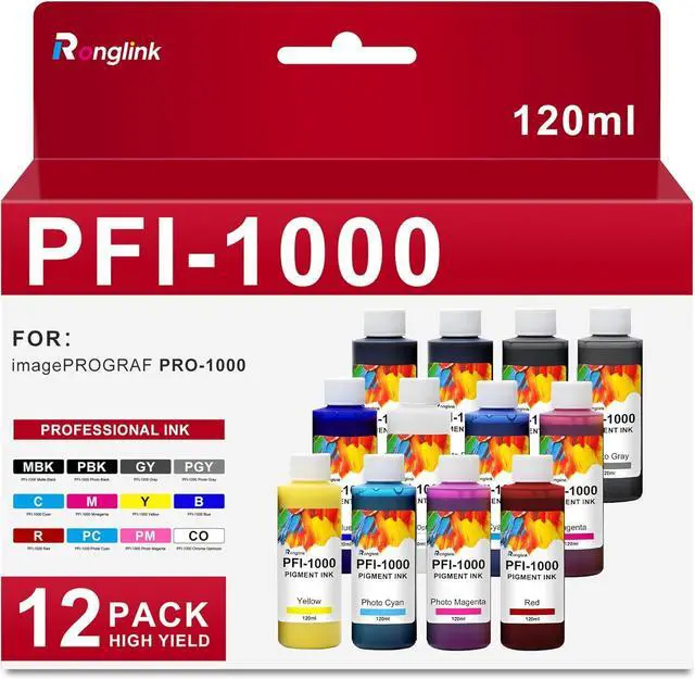 Main image of PFI-1000 Ink Refill Replacement for Canon PFI1000 Ink Bottles High Capacity Works with imagePROGRAF PRO-1000 PRO1000 PRO1000 Printer Ink (12 x 120ML, MBK/PBK/C/Y/M/CO/PC/PM/R/BL/GY/PGY)