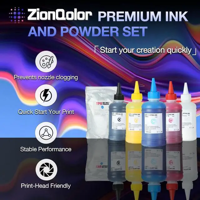 Alt view image 3 of 6 - 5 * 250ML Inks and 500g White DTF Powder Combo, 1.25L Premium Anti-Nozzle Clogging DTF Ink, White Powder for PET Transfer, CMYKW Inks for DTF Printers(Compatible with All Print Heads)