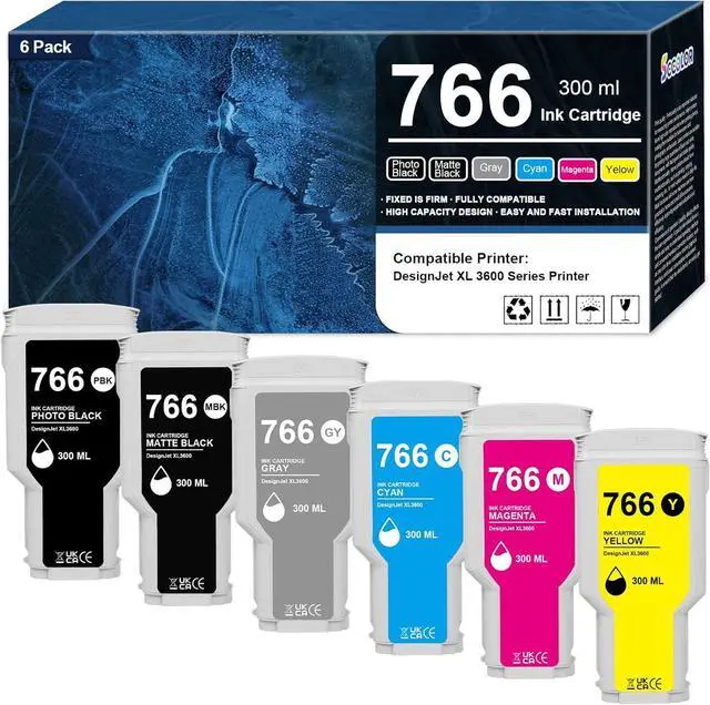Main image of 766 Ink Cartridge 300ML High Capacity Compatible for HP 766 3ED57A P2V89A P2V90A P2V91A P2V92A P2V93A P2V94A 3ED55A Ink Replacement for DesignJet XL3600 XL 3600 Series Printer(6-Pack MK/PB/G/C/M/Y)