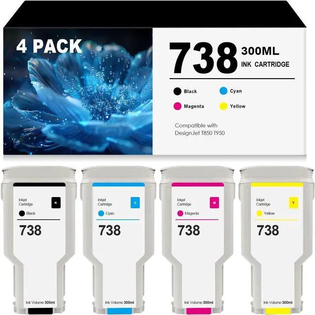 Main image of 300 ML High Capacity 738 Ink Cartridges Replacement for HP738 HP 738 Colors Ink 498N8A 676M6A 676M7A 676M8A Compatible with DesignJet T850 T950 Printers Black Cyan Magenta Yellow 4-Pack