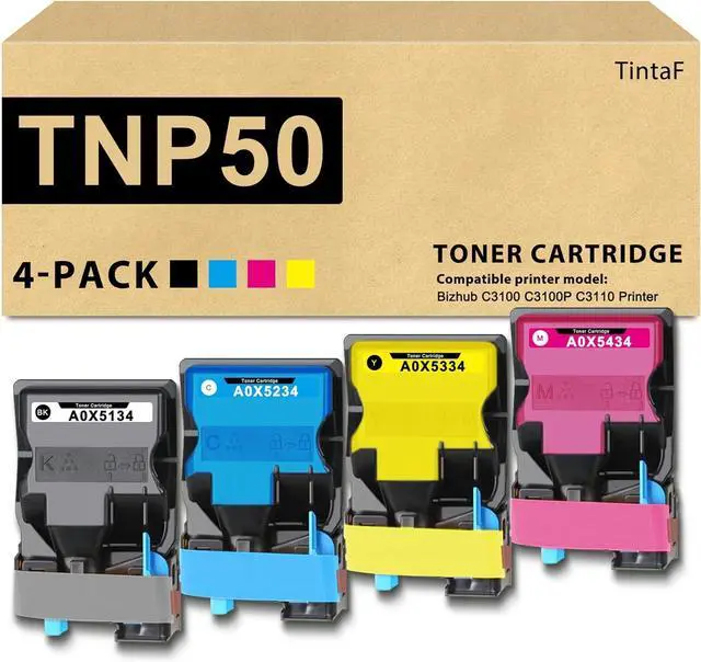 Main image of Compatible TNP50 TNP51 TNP-50 TNP-51 Toner Cartridge Set A0X5134 A0X5234 A0X5334 A0X5434 Replacement for Konica Minolta Bizhub C3100 C3100P C3110 Printer 4-Pack (Black, Cyan, Magenta, Yellow)