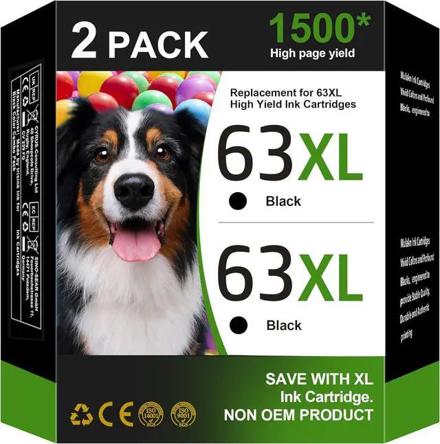 Main image of 63XL Black Ink Cartridge (2-Black) Replacement for HP Ink 63 63XL HP63 XL Combo Pack Works with HP DeskJet 1112, 2130, 3630 Series; Envy 4510, 4520 Series; OfficeJet 3830, 4650, 5200 Series | F6U64AN