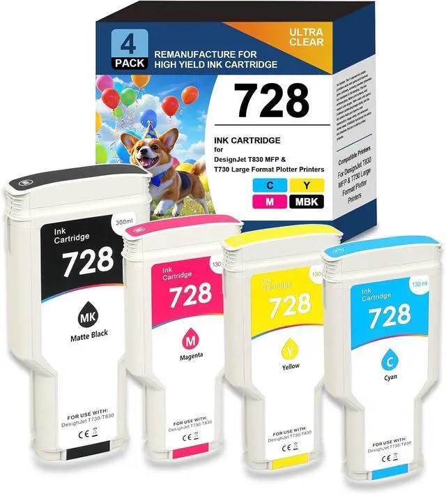 Main image of 728 Ink Cartridges High Yield 728 Ink Cartridge F9J68A F9K17A F9K16A F9K15A Compatible for HP DesignJet T830 MFP T730 Large Format Plotter Printers,300ml Matte Black,130ml Cyan Magenta Yellow 4 Pack