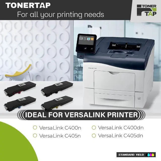 Alt view image 2 of 6 - Toner Tap Compatible Toner Cartridges 4-Pack for Xerox VersaLink C400 C405 Toner, High-Yield Replacement for Toner 106R03500, 106R03501, 106R03502, 106R03503