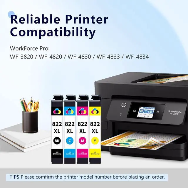 Alt view image 2 of 7 - 822xl Printer Ink Remanufactured for Epson 822 822xl Ink Cartridges to use with Workforce Pro WF-3820 WF-3823 WF-4820 WF-4830 WF-4833 WF-4834 Printer - 822XL Ink Cartridges Combo Pack