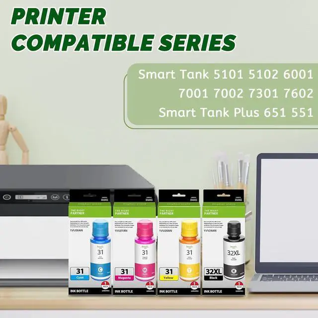 Alt view image 2 of 6 - 31 32XL High Yield Ink Refills Set (1Black 1Cyan 1Yellow 1Magenta) Replacement for HP 31 32XL for Smart Tank 5101 5102 6001 7001 7002 7301 7602 Plus 651 551 Ink Tank