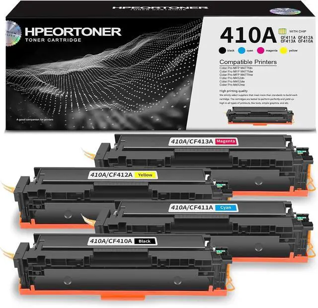 Main image of 4 Pack 410A BK/C/M/Y Toner Cartridge, Replacement for HP 410A / CF411A CF412A CF413A CF410A Color Pro MFP M477fdn Color Pro MFP M477fdw Color Pro MFP M477fnw Color Pro M452dn Printer