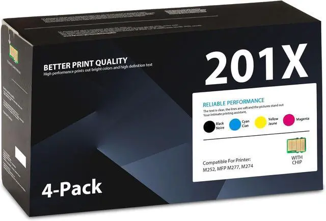 Main image of 201X Toner Cartridges 4 Pack High Yield (with Chip) Black Cyan Magenta Yellow Compatible with HP Laserjet Pro M252dw M252n Pro MFP M277n M277dw M277c6 M274n | CF400X CF401X CF402X CF403X